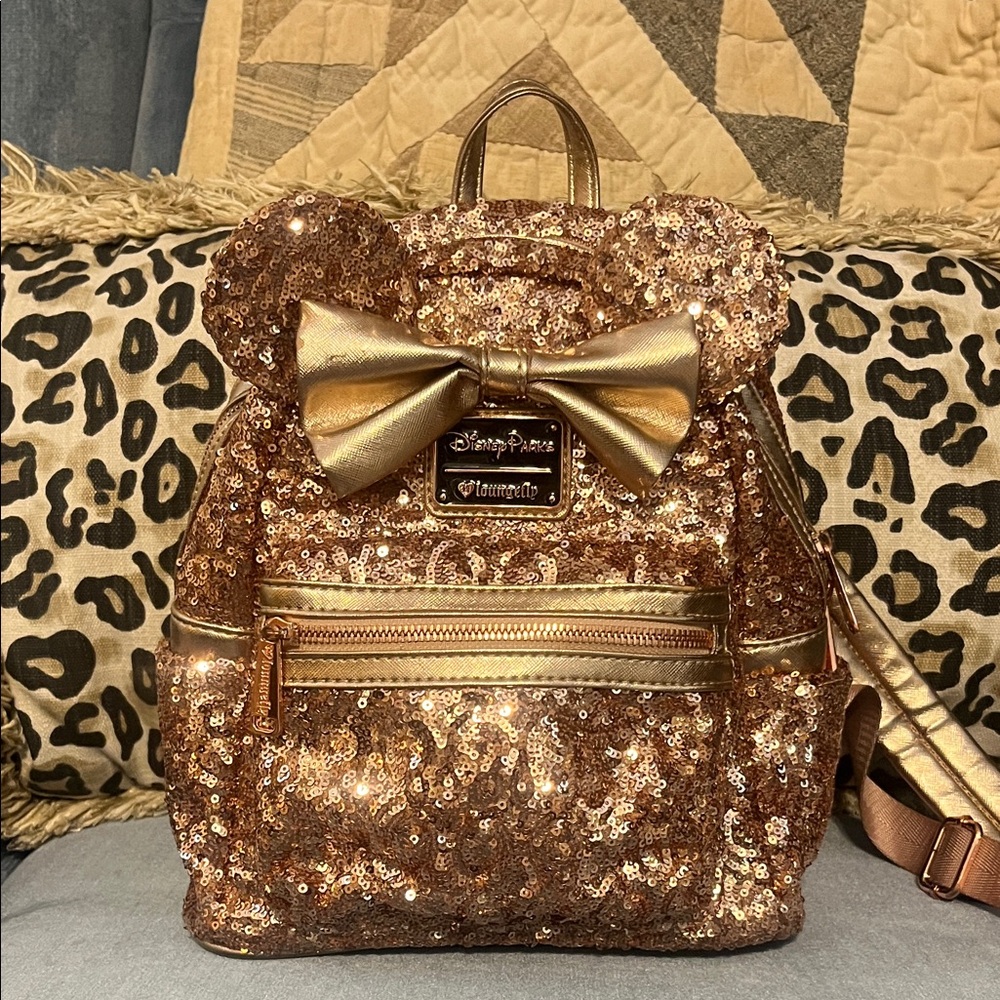 Disney Loungefly Rose Gold Sequin Mini Backpack with Bow